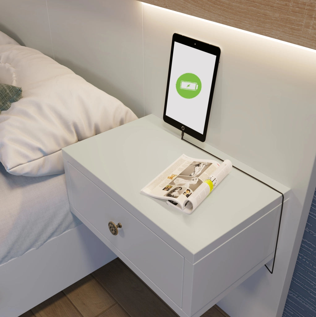 Letto matrimoniale 160x200 cm effetto sospeso con 2 comodini LED; USB e presa EU; Sonoma Eiche e bianco