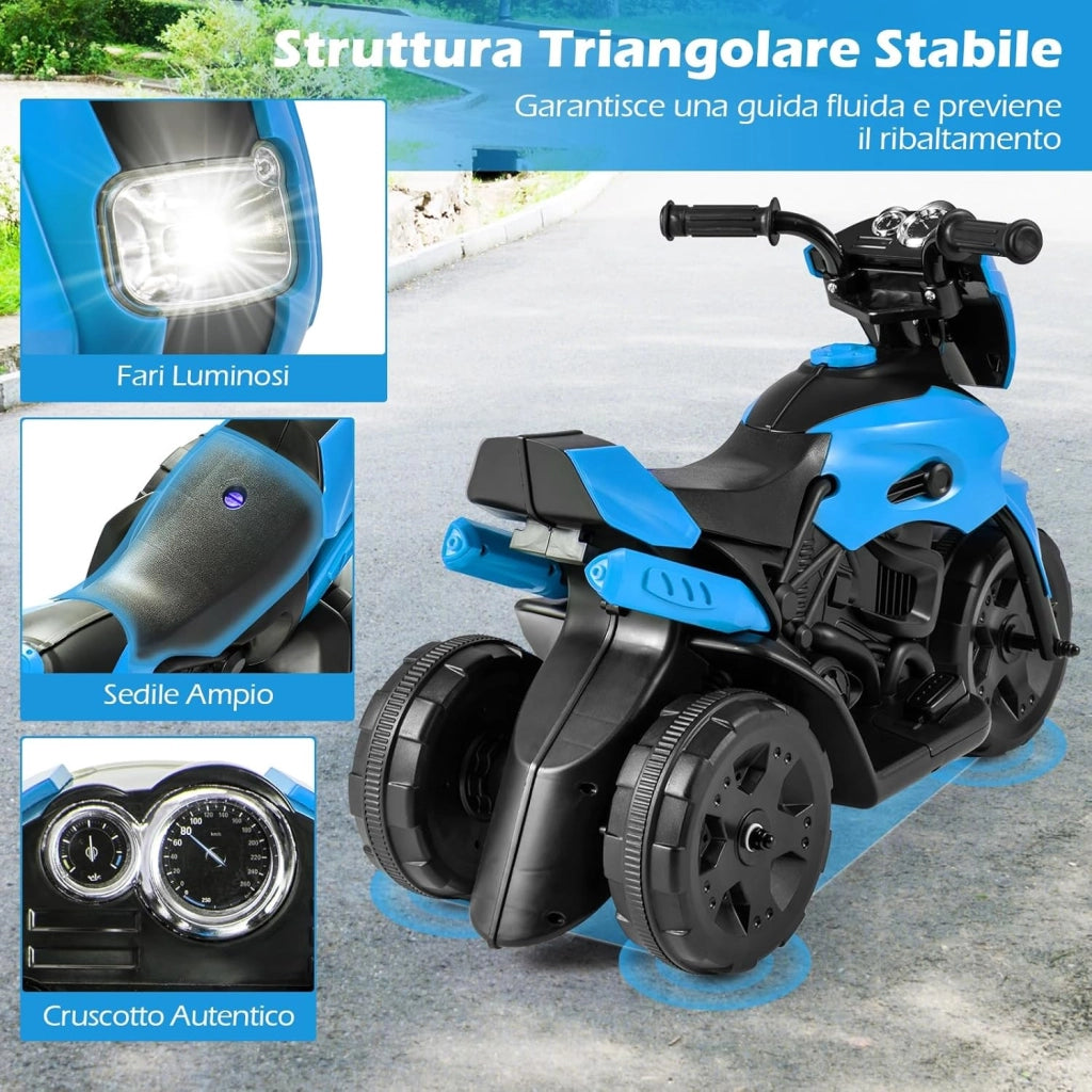 6V Moto Elettrica per Bambini, Moto a 3 Ruote con Fari LED, Pedale a Piedi, Veicolo Elettrico a Batteria per Bambini 37-72 Mesi (Blu)