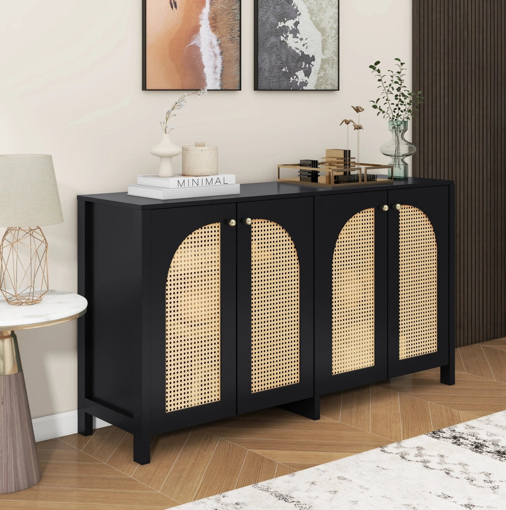 Sideboard moderno minimalista con 4 ante in rattan artificiale nero e maniglie in metallo