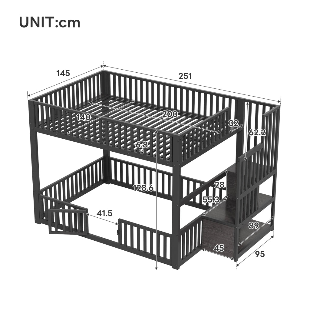 Letto a Castello 140x200 cm; 2 Posti - LED Regolabile; Scala con Contenitore - Nero