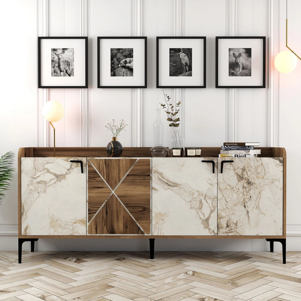 Credenza in legno "Venedik" - 180 x 35 x 78 cm - Bianco marmorizzato