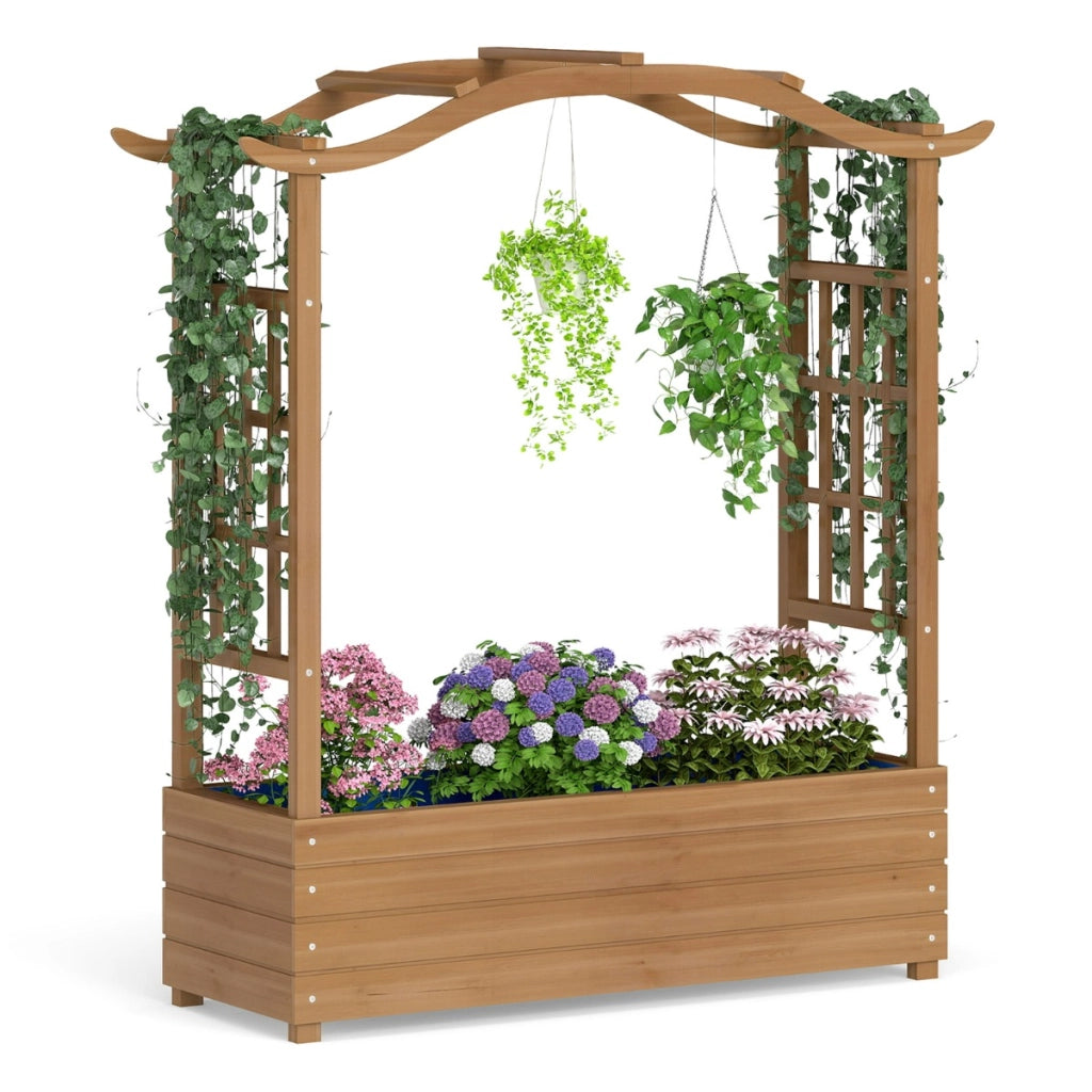 Letto da giardino rialzato in legno con tetto sospeso e 2 tralicci laterali, Contenitore elevato per giardino e patio-Fioriere
