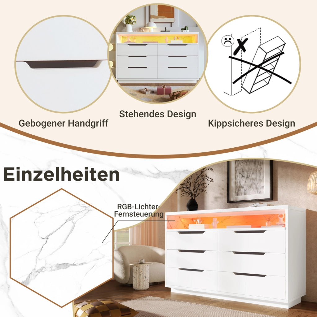 Credenza bianca a 6 cassetti con LED e vano effetto marmo
