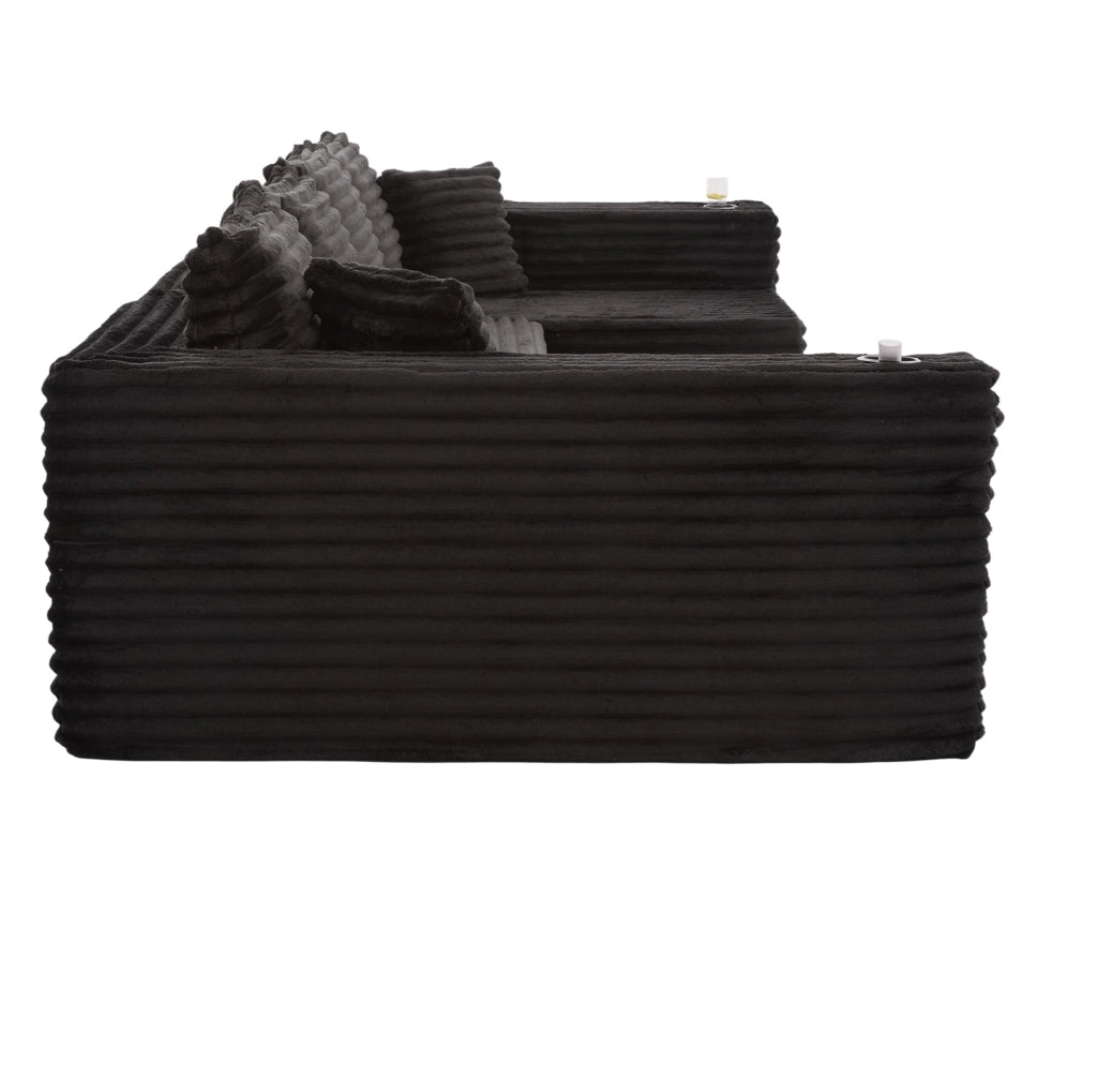 Divano modulare a U in velluto a coste nero con portabevande e tasca laterale; 320×155×88 cm