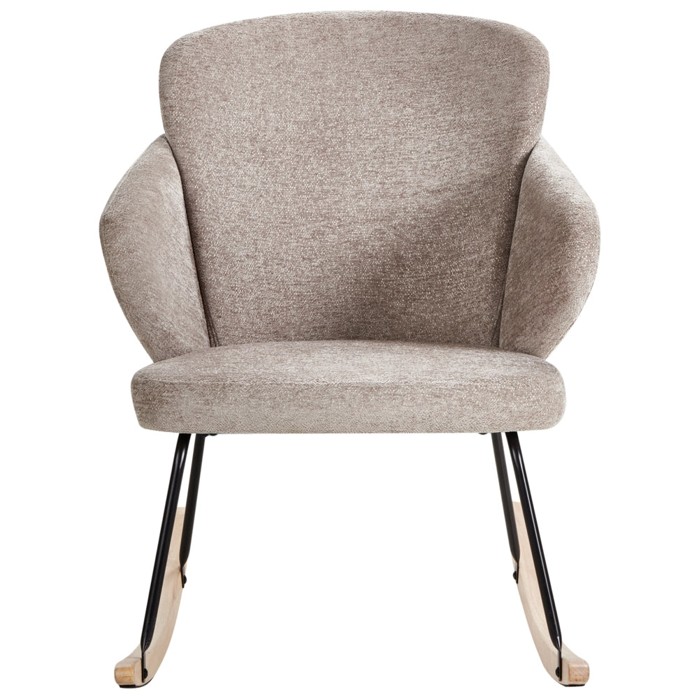 Sedia a dondolo in tessuto tortora gambe in legno e metallo pattini design moderno soggiorno