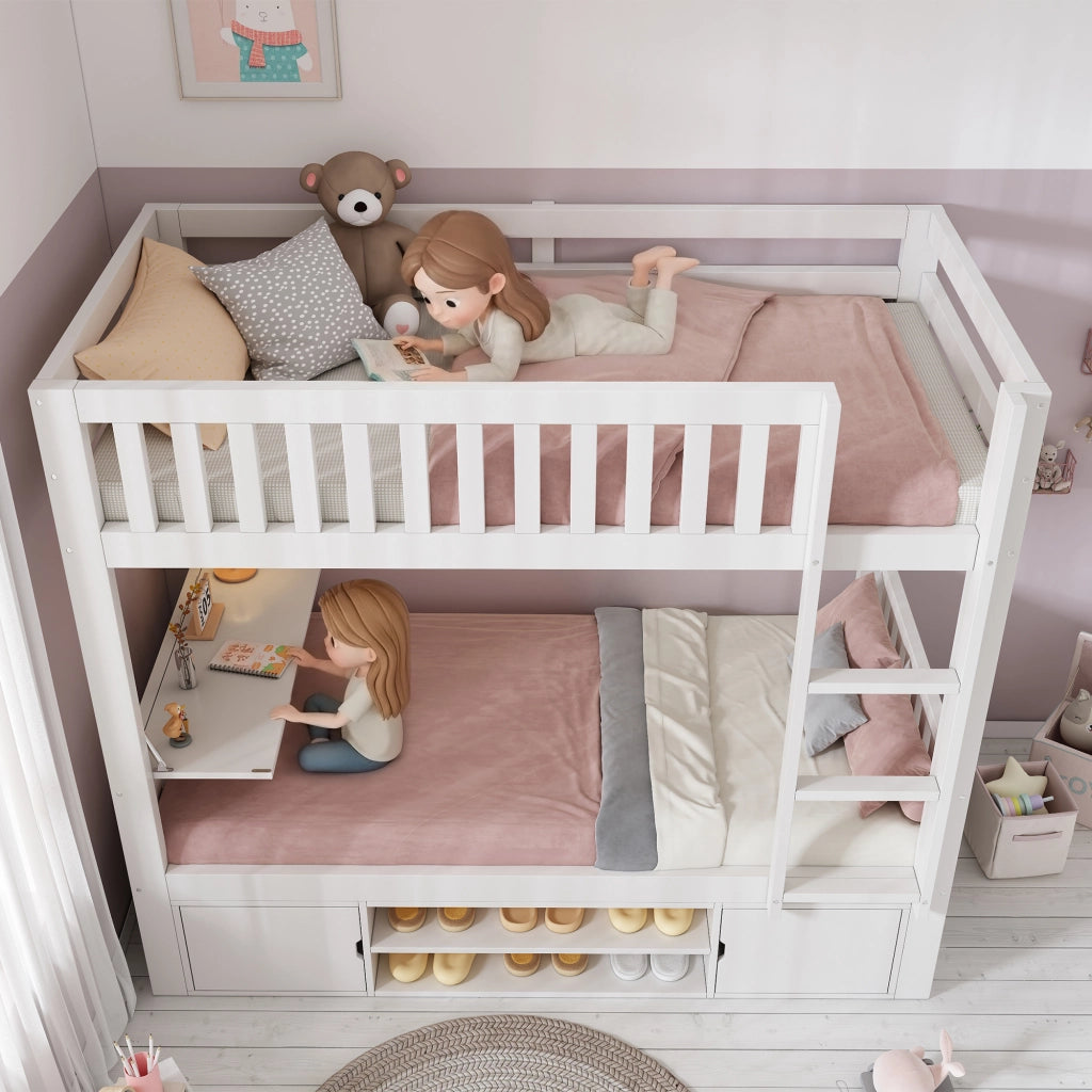 Letto a castello per bambini 90 × 200 cm con tavolo pieghevole, scarpiera e armadi, senza materasso