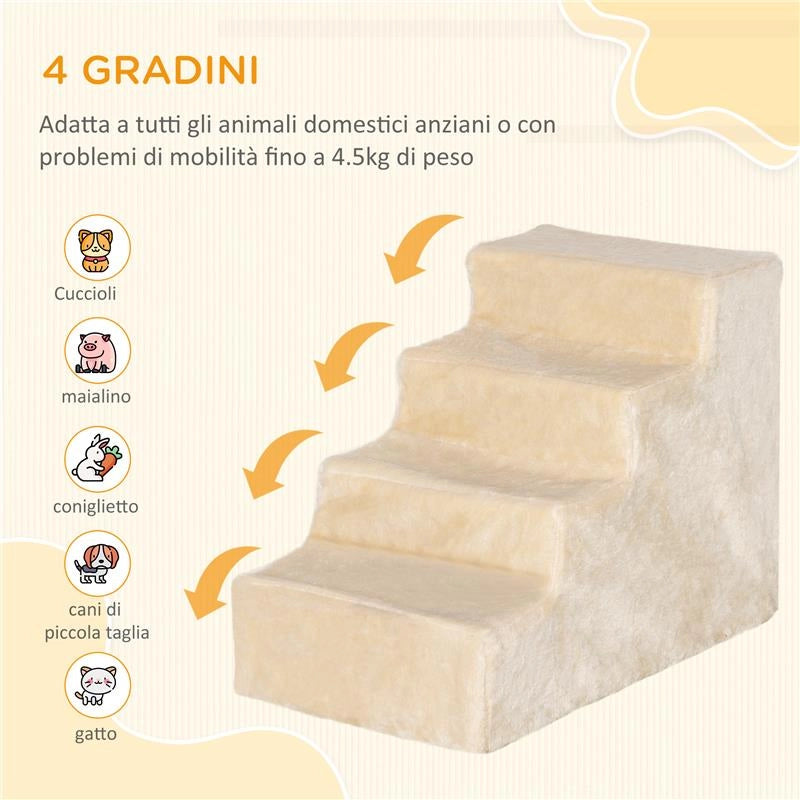 SCALETTA PER CANI PORTATILE A 4 GRADINI, IN FLANELLA SFODERABILE E TRUCIOLATO, 60X35X44 CM, BEIGE