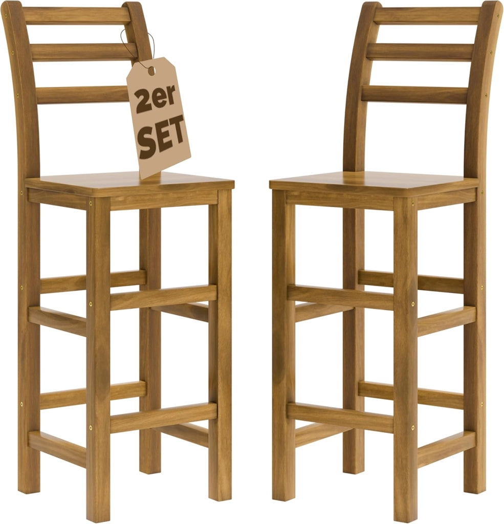 ® Set 2 Sgabelli Rustici in Legno con Schienale 75cm con Poggiapiedi Sgabello Sedie Bar Giardino