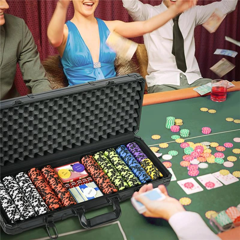 SET POKER CON 500 FICHES, 2 MAZZI DI CARTE, 5 DADI, PULSANTI E VALIGETTA PROTETTIVA IN ALLUMINIO NERO