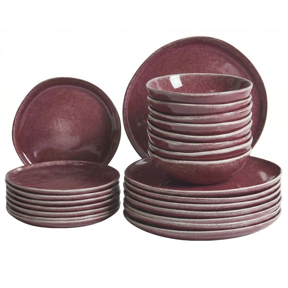 Set di 24 stoviglie in gres caolino fatto a mano con smalto reattivo bordeaux Cucina Sala da pranzo