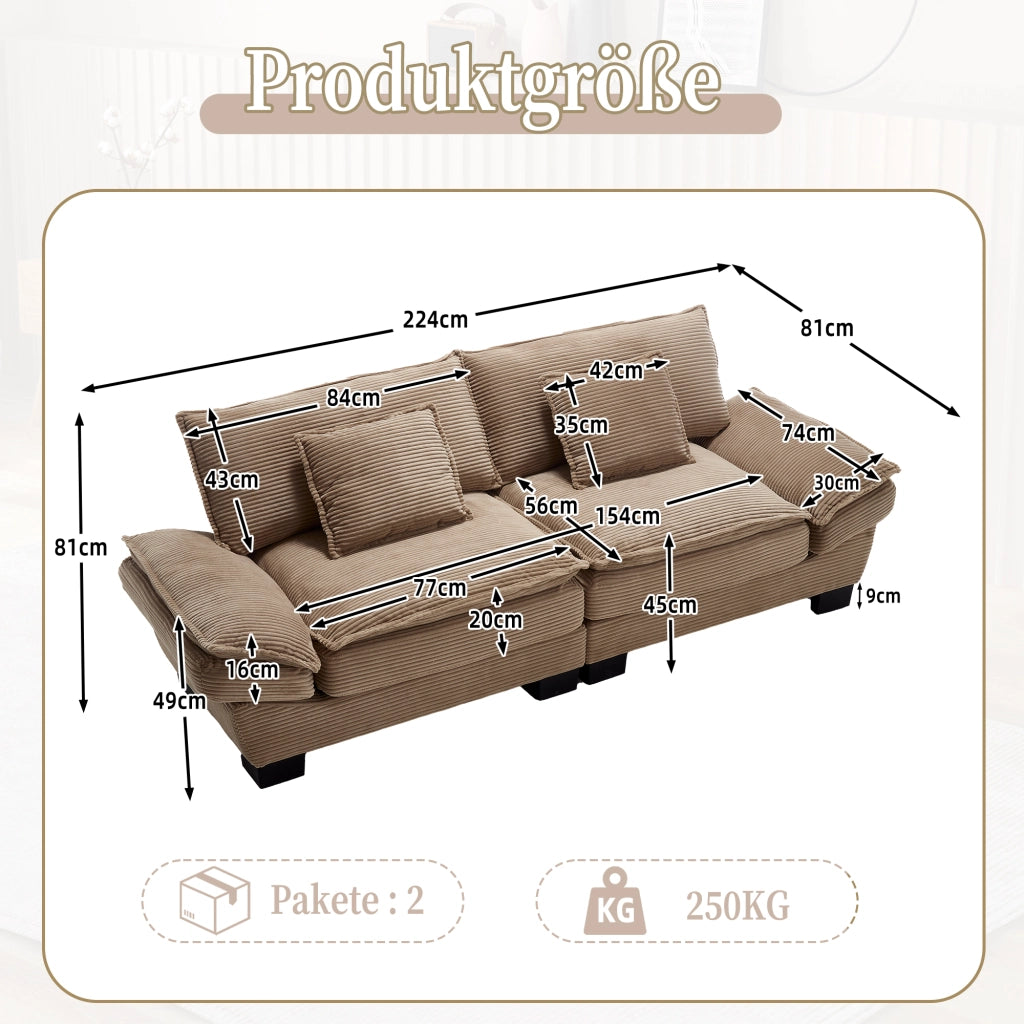 OKWISH Divano Lineare 2 Posti, Seduta Extra Profonda con Braccioli Imbottiti e 2 Cuscini, Velluto, Cachi, 224 × 81 × 81 cm