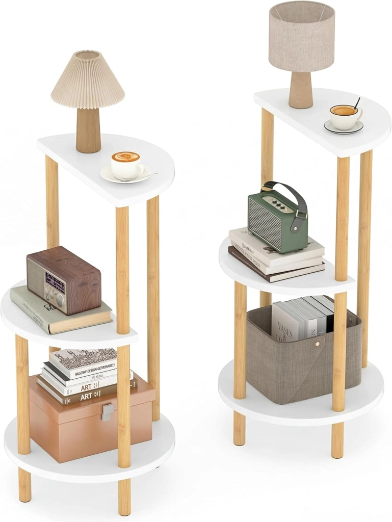 Set di 2 Tavolini Bassi in Bambù, Tavolino da Salotto con 3 Ripiani e Piano Semicircolare, Tavolo Laterale per Soggiorno, Camera da Letto, Carico 20 KG, 30 X 30 X 60,5 CM (Modelli 3, 2)