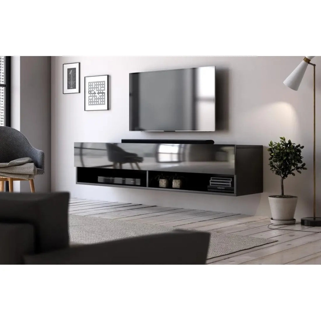 Mobile porta TV sospeso design CLUJ, 140 cm, 1 anta e 2 vani, colore nero e nero lucido.