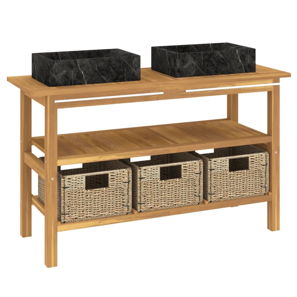 Mobile VanitÃ  Bagno e Lavandini Marmo Nero Legno Massello Teak