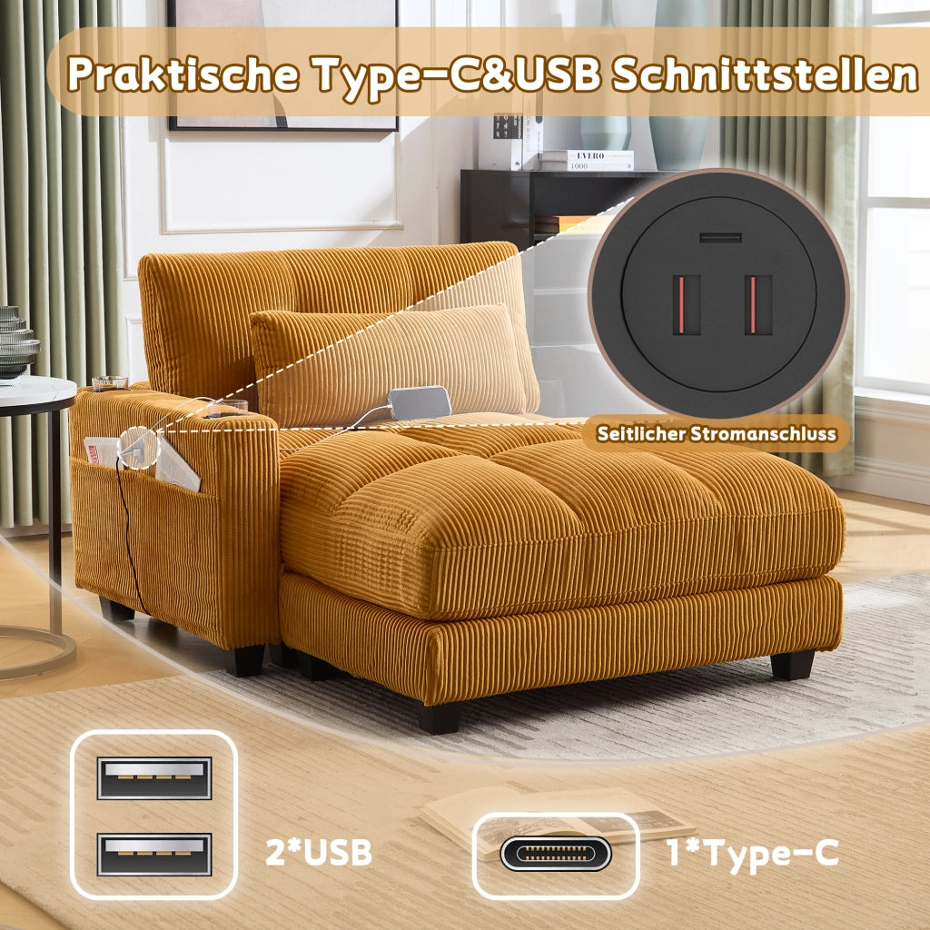 Poltrona Lounge Con USB E Portabevande; Braccioli Reversibili; Cuscino Poggiatesta Regolabile in Velluto A Coste Giallo Senape