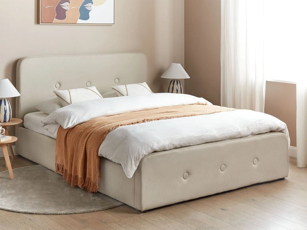 Letto a doghe Tessuto in poliestere beige Gambe in legno imbottite Pouf contenitore King Size Design moderno