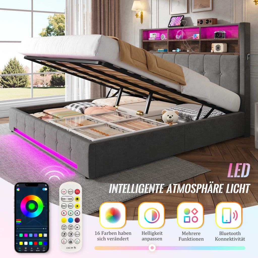Letto imbottito 180x200 cm idraulico LED USB velluto grigio scuro