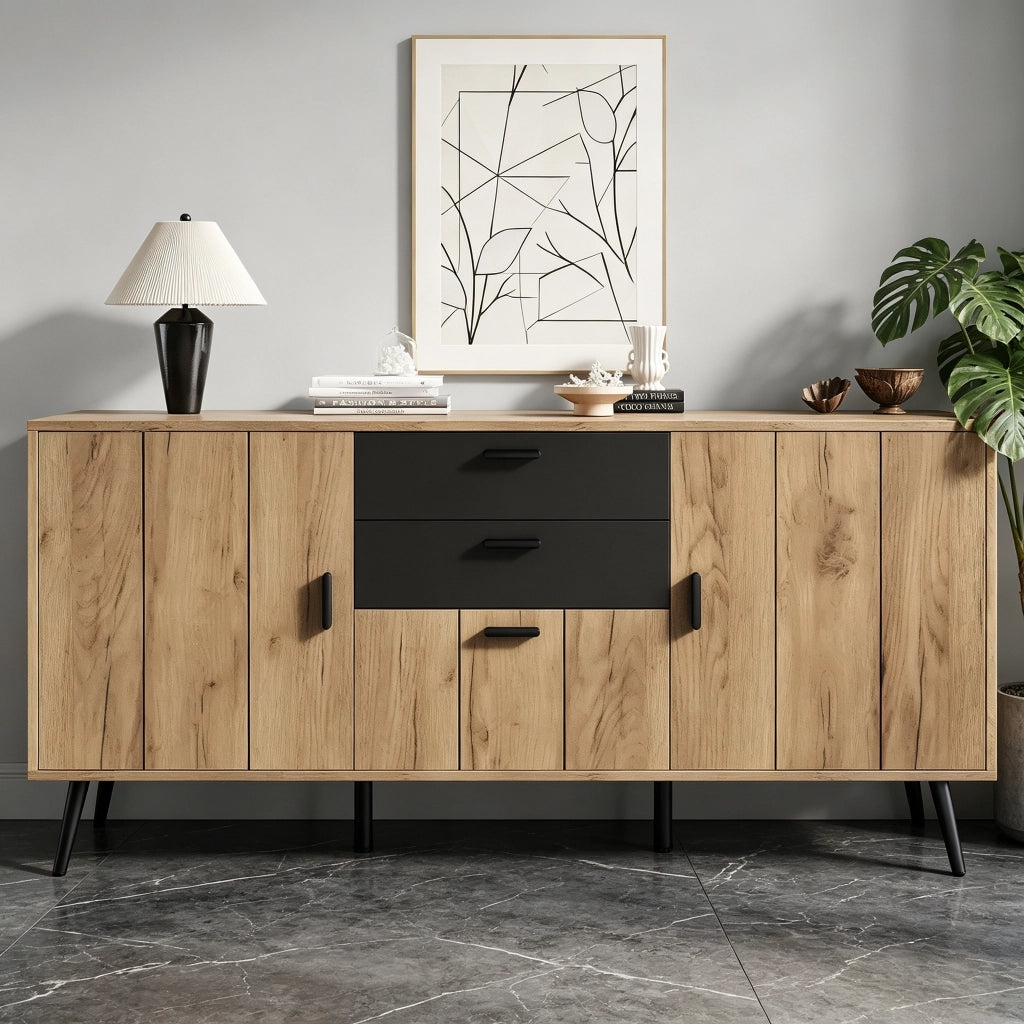 Sideboard moderno 140¡Á35¡Á67 cm con 2 cassetti, 3 ante e 7 vani portaoggetti, MDF, Nero/effetto legno