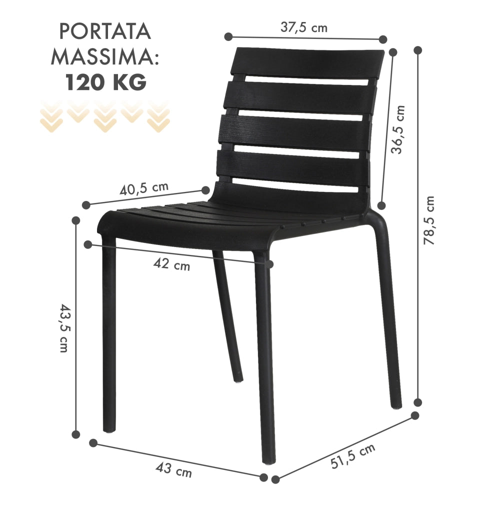 Set 4 Sedie In Polipropilene e Fibra Di Vetro Sedia Cucina Trattamento Uv Antiscolorimento Giardino Interno Esterno Moderne Robuste Resistenti Seduta Terrazzo Soggiorno Bar Ristorante Impilabili Nina-Nero