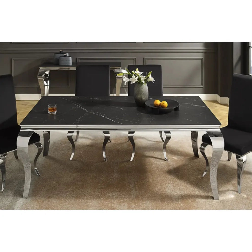 Table VELENA – Rettangolare 180 cm – Piano in pietra sinterizzata e acciaio cromato – Stile barocco