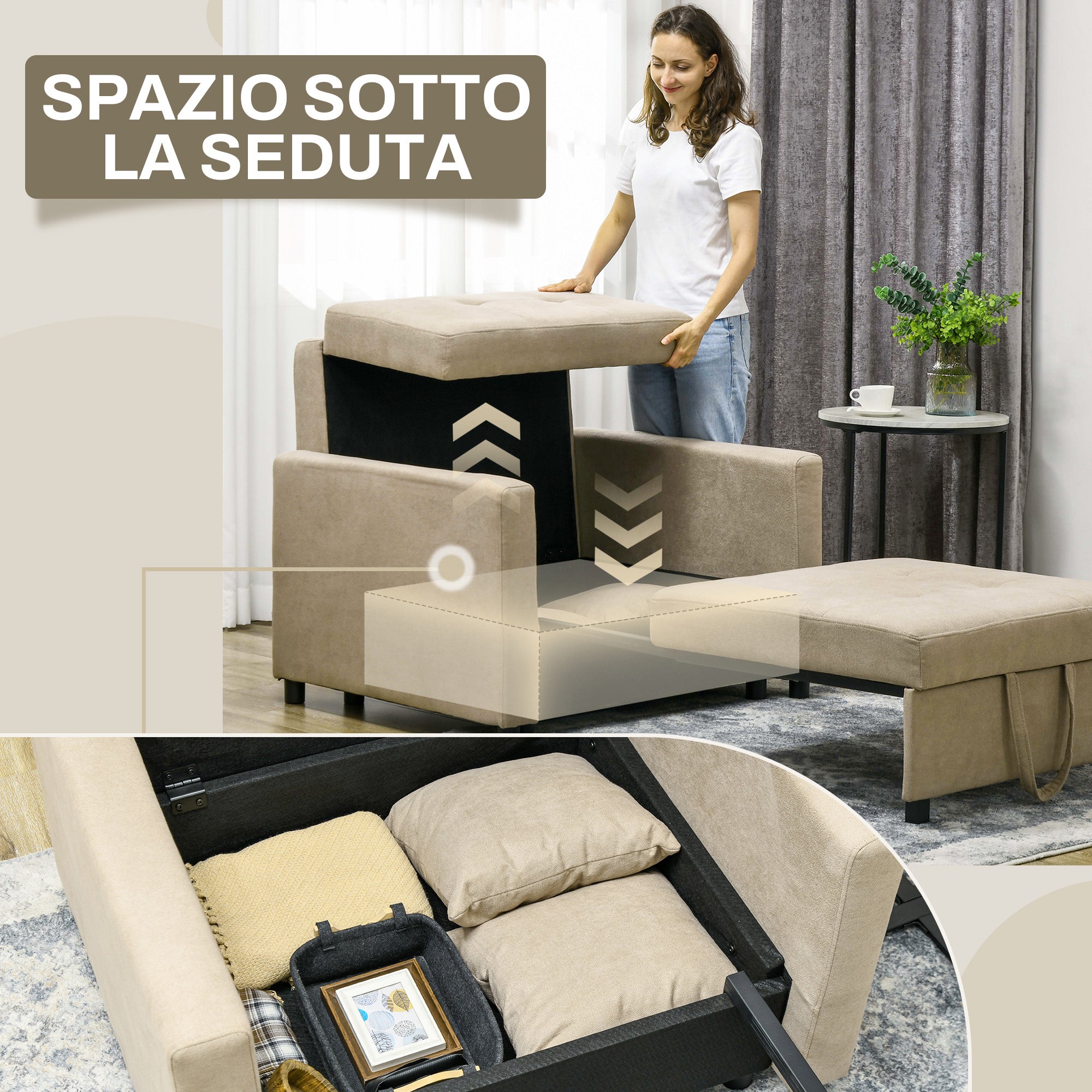 Poltrona Letto Singolo 100x98x88 cm 2 Cuscini e Vano Contenitore in Velluto Marrone Chiaro