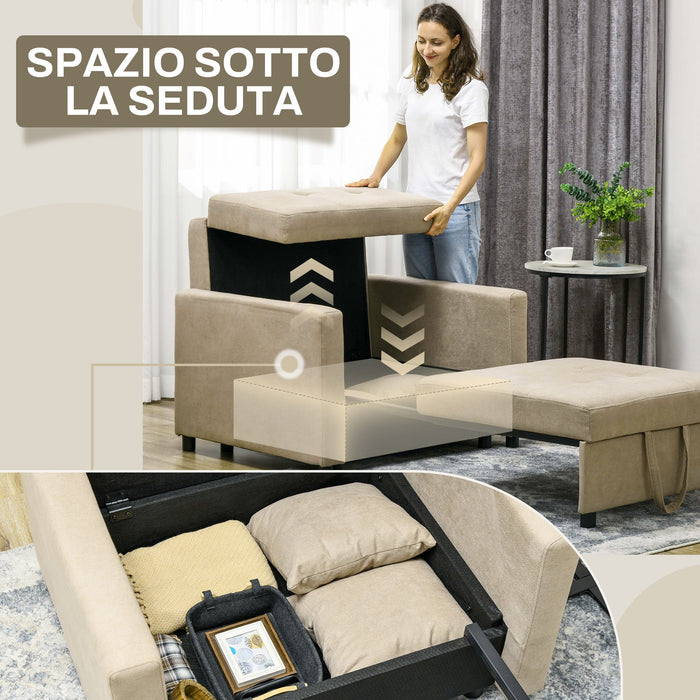 Poltrona Letto Singolo 100x98x88 cm 2 Cuscini e Vano Contenitore in Velluto Marrone Chiaro