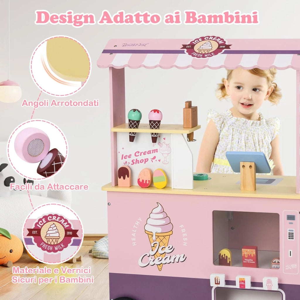 Gelateria Giocattolo per Bambini con Gelatiera, Carrelo dei Gelati in Legno con Ruote e Maniglia, Negozio di Gelati Giocattolo con Cassa e 15 Accessori, per Bambini di 3 + Anni (Rosa)