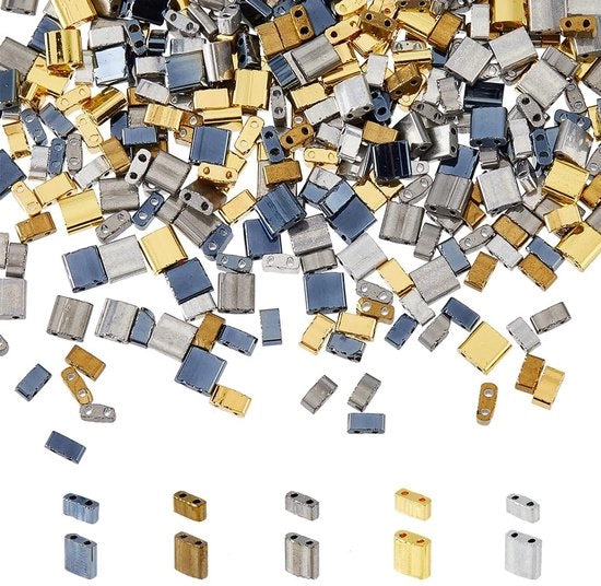 Tila-kralen 350 pezzi - Fori doppi - Perle di vetro - 5 colori - 2 mm/4,5-5,5 x 2 x 2-2,5 mm - Ideali per la creazione di accessori in gioielleria.