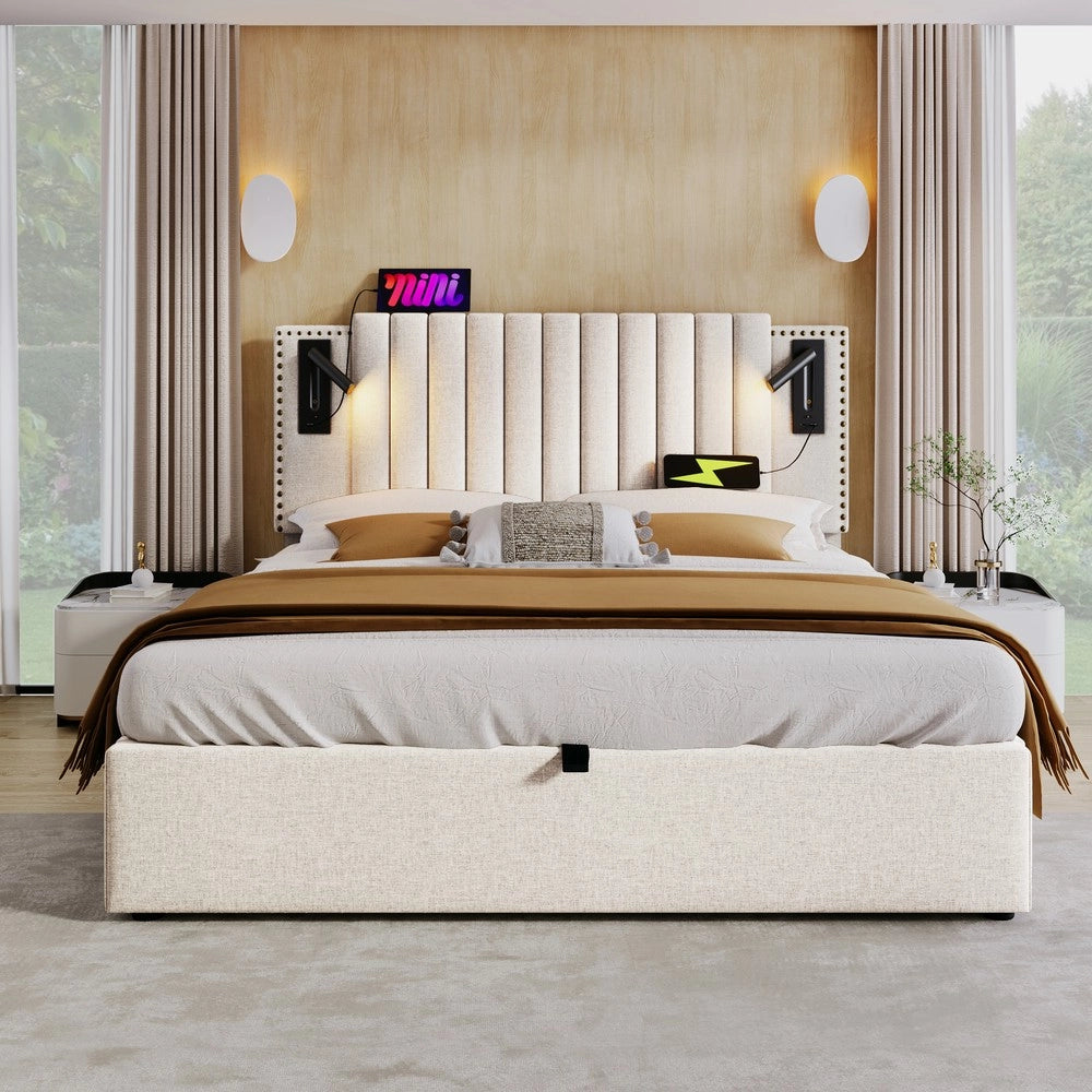 Letto Imbottito Contenitore 180x200 con LED e USB ¨C MINIMAL ¨C Beige, Testiera con Borchie, Doghe Incluse