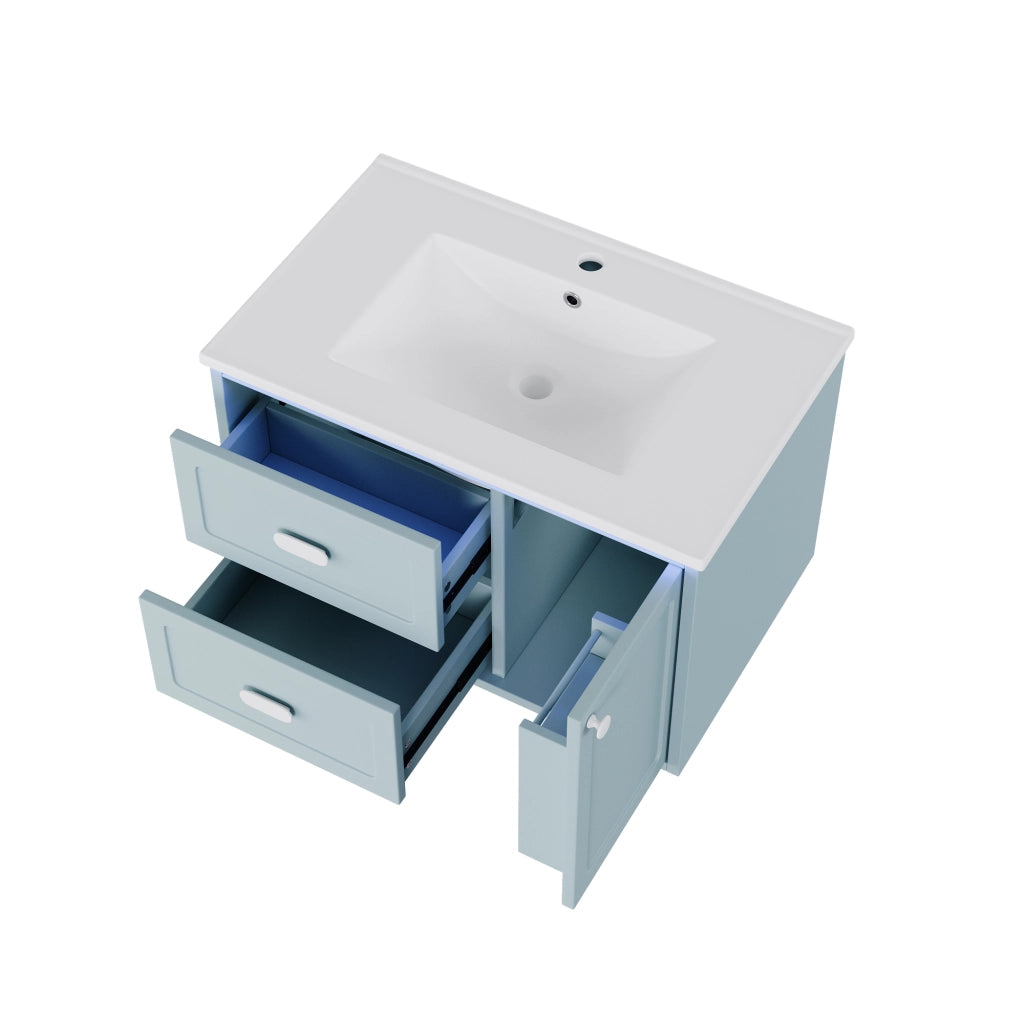 Mobile sottolavabo sospeso con 2 cassetti; illuminazione LED con sensore radar e lavabo in ceramica; per bagno blu