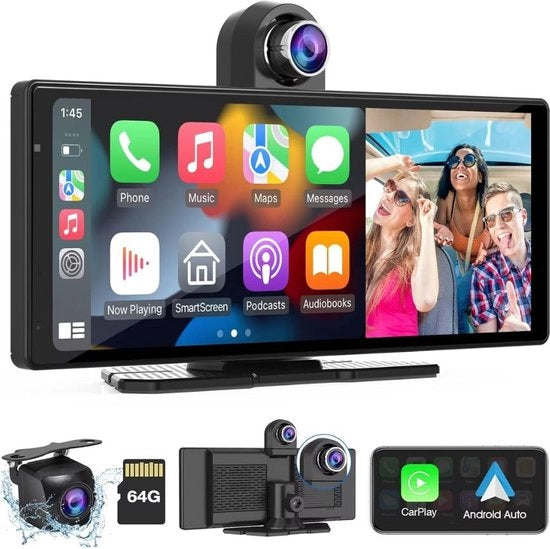 Schermo CarPlay - Schermo CarPlay Universale - Schermo IPS Touchscreen - Riproduttore Video - Streamer Media - Accessori Auto - Camera di Marcia - Bluetooth - USB - 4K+1080p - 9,3 Pollici