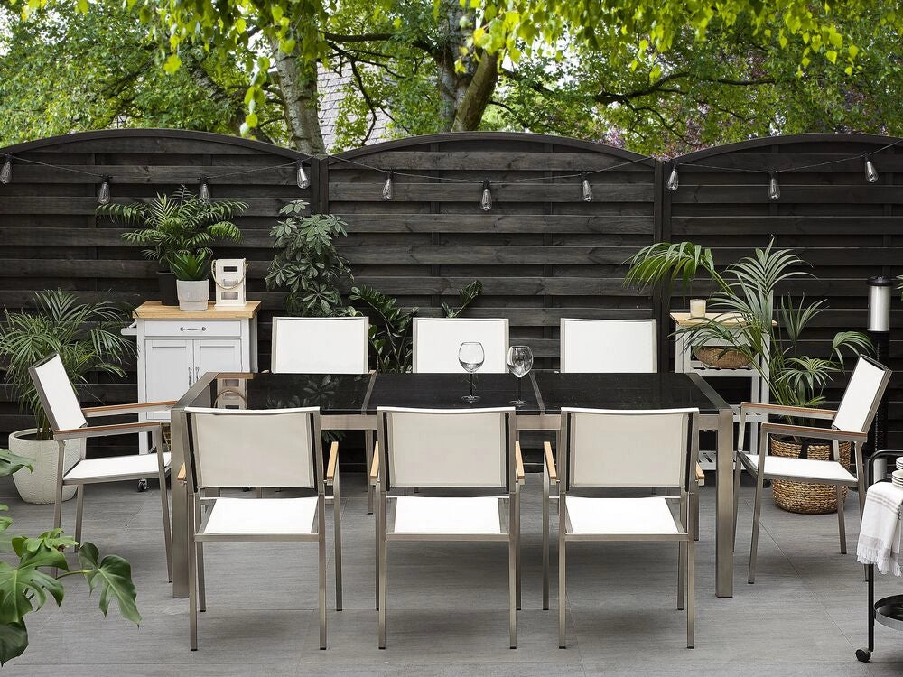 Set da pranzo da giardino bianco con piano in granito Nero 8 posti 220 x 100 cm piastra tripla