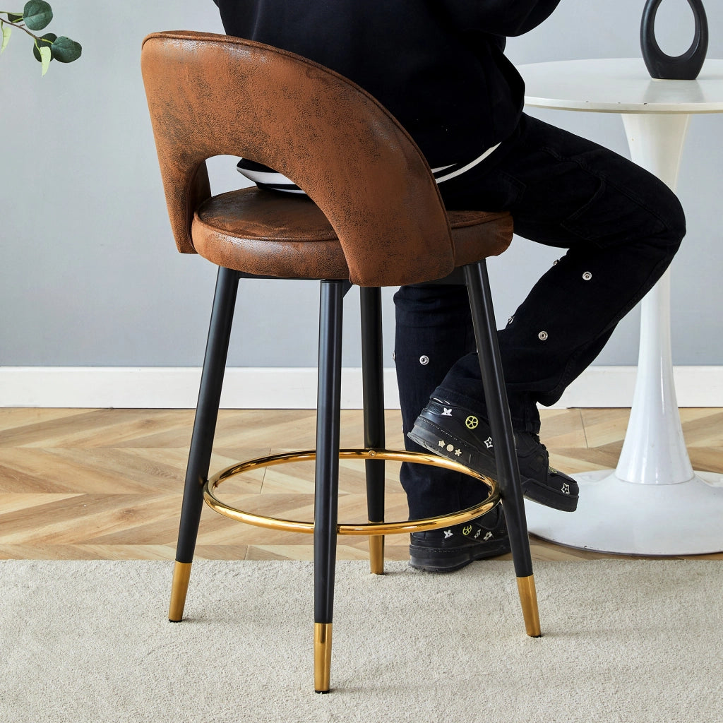Sgabello da bar girevole 360° con schienale traforato, seduta ergonomica, tessuto, Marrone e Nero