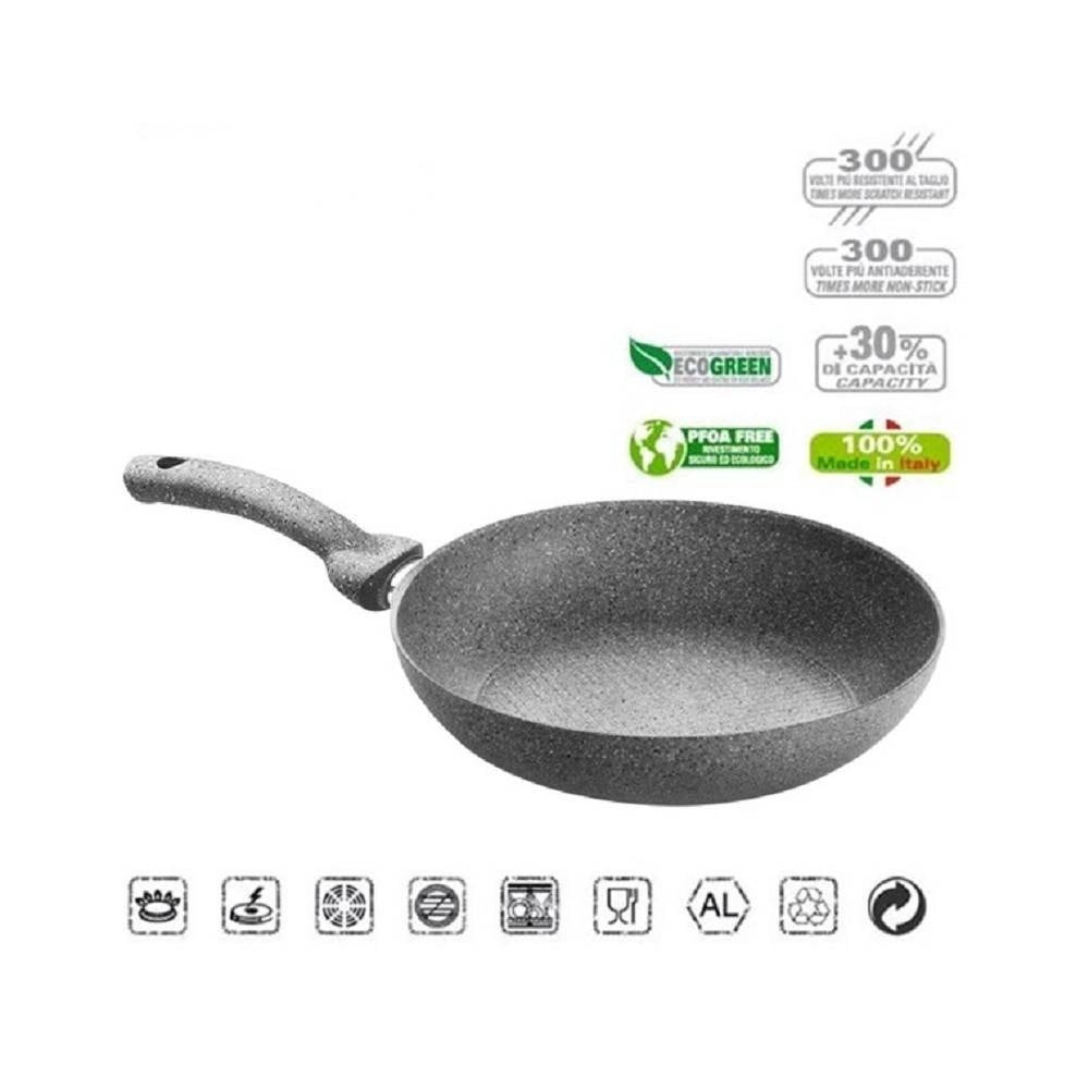 Trade Shop - Set 3 Padelle In Pietra Antiaderenti Regina Di Pietra Diametro 20 - 24 - 28 Cm -