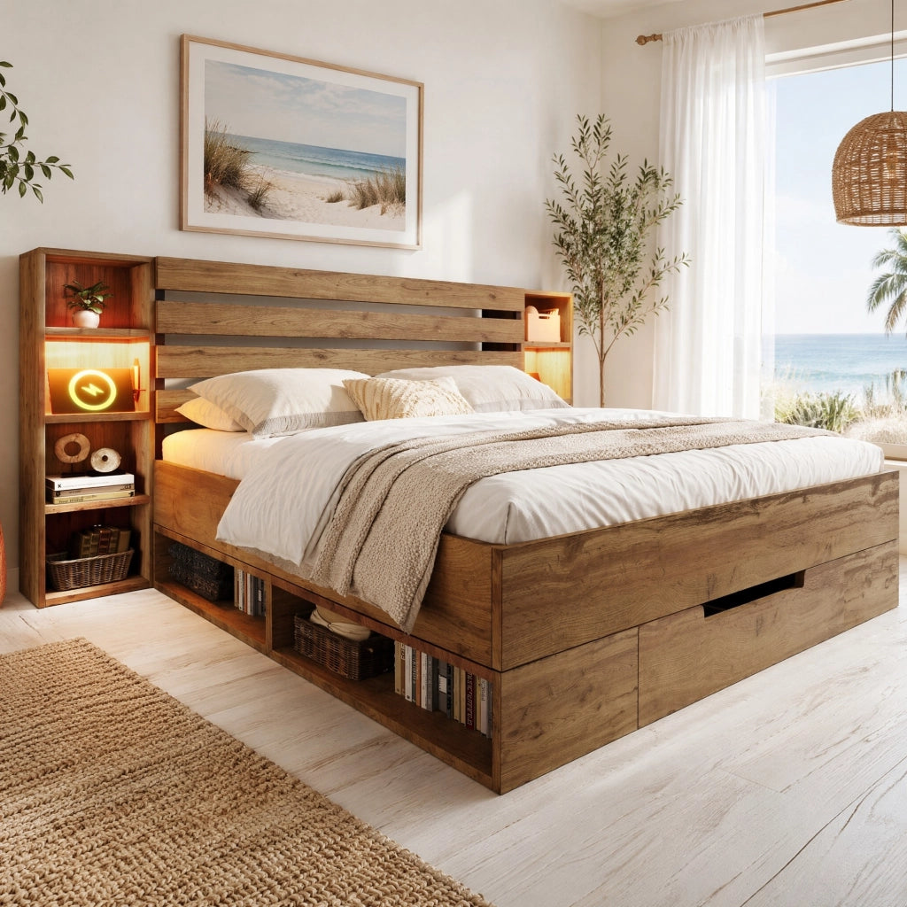 Letto matrimoniale 160x200 cm rovere con LED, USB-C e cassetti
