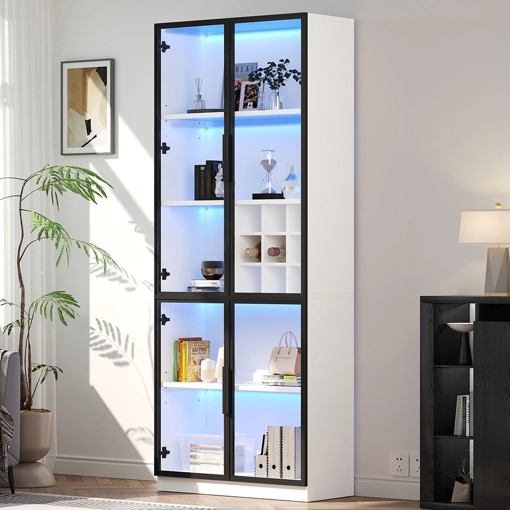 Vetrina 80x35x200 cm con LED - Xylo - ante in vetro, biblioteca, supporto vino, elegante buffet doppia anta