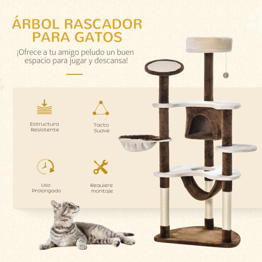 Torre per Gatti Grande con Piattaforme, Amaca e Cueva ¨C zephmum ¨C Marrone 65x50x153 cm