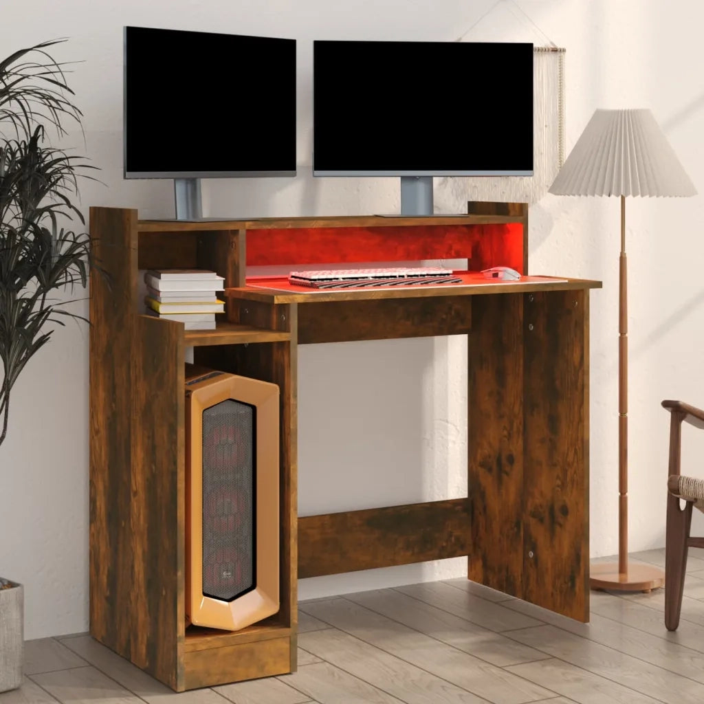 Scrivania | Tavolo da Ufficio con Luci LED Rovere Fumo 97x45x90 cm in Multistrato