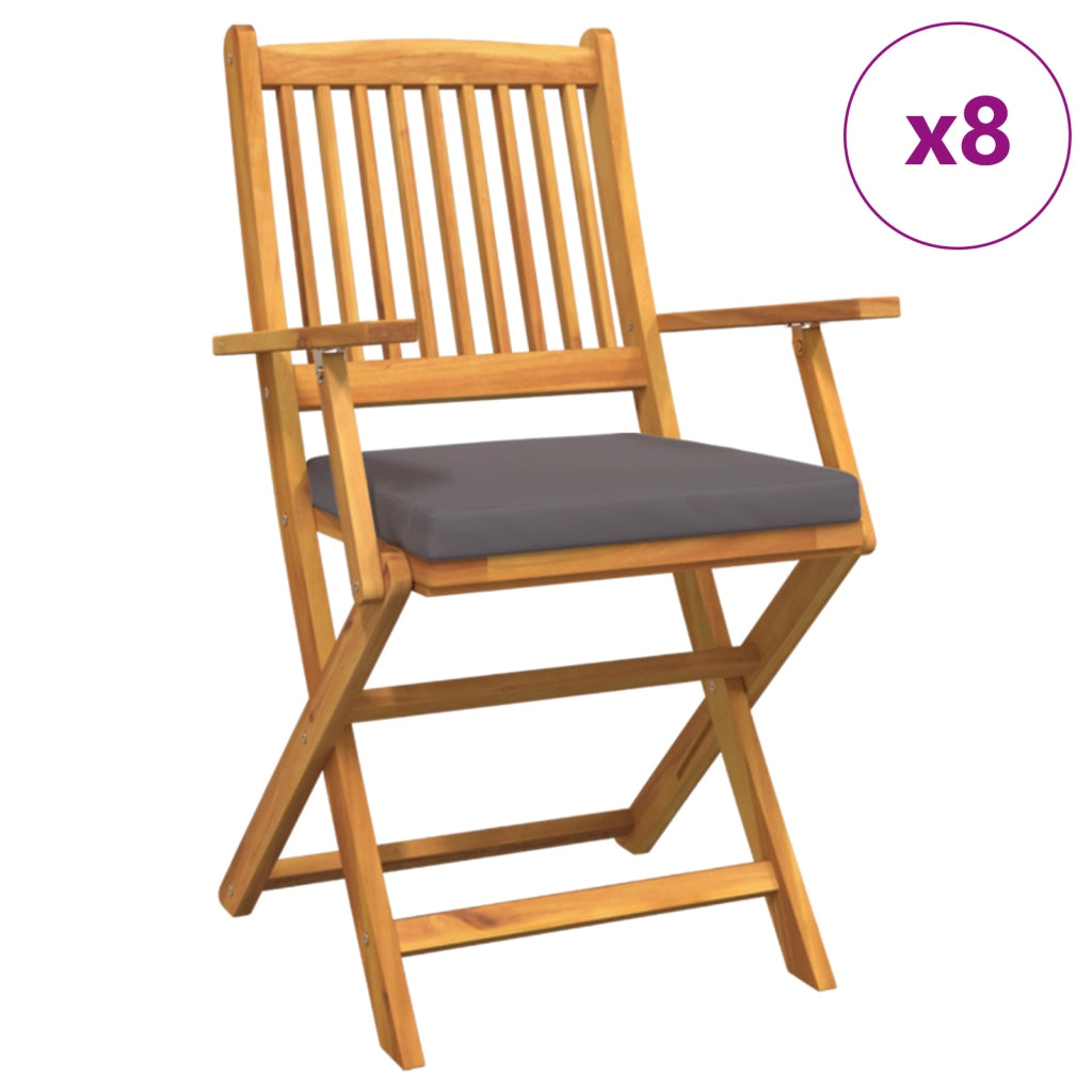 Sedia da Giardino Pieghevole  con Cuscino Grigio 8 pezzi in Legno Massello di Acacia