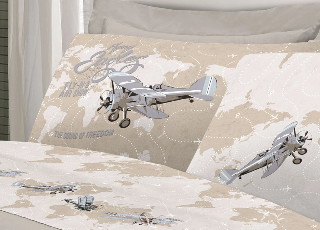 Completo Lenzuola Linea Pensieri Delicati 100% Cotone Disegno Aerei - Singolo - Beige