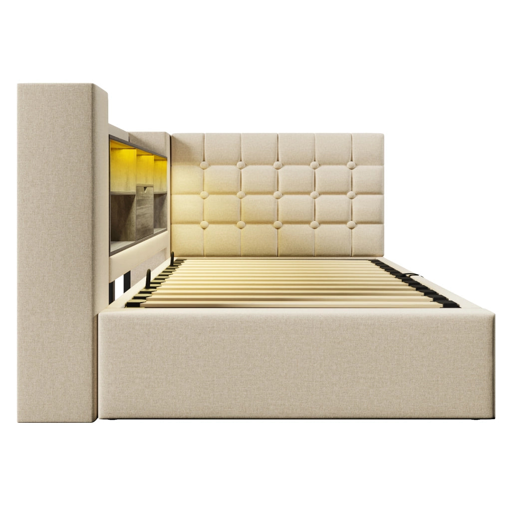 Letto 90x190 cm con LED; contenitore e porte di ricarica in lino beige