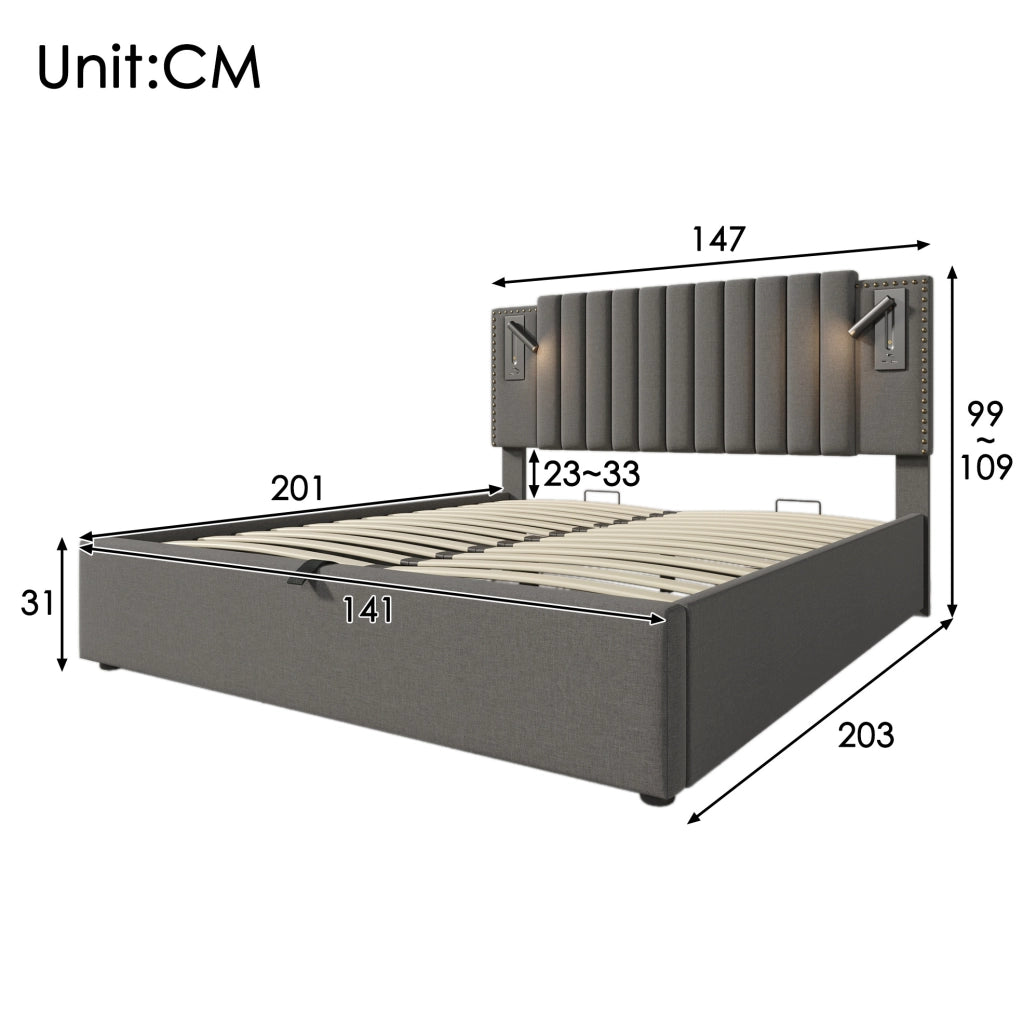 Letto imbottito 140x200 grigio con contenitore e USB-C