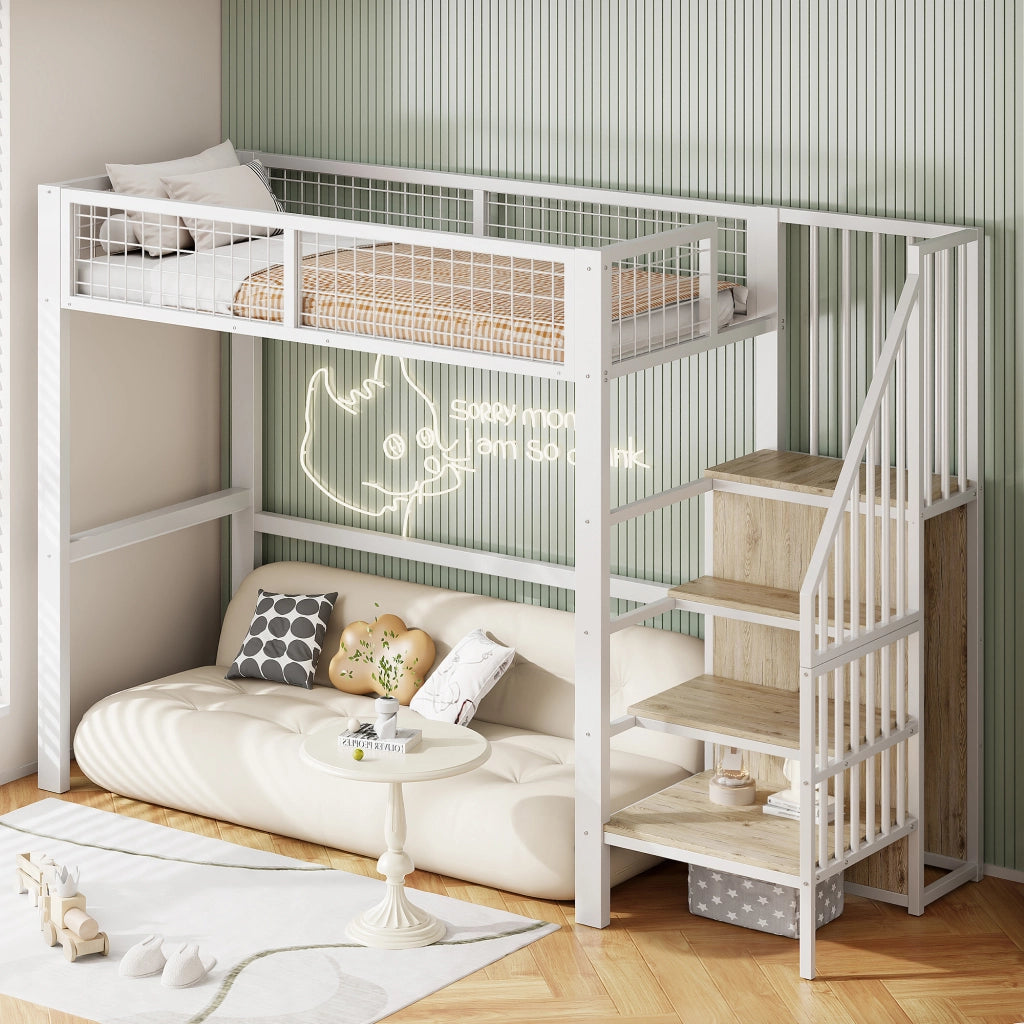 Letto a castello bianco con scala e armadio in metallo 90x200 cm