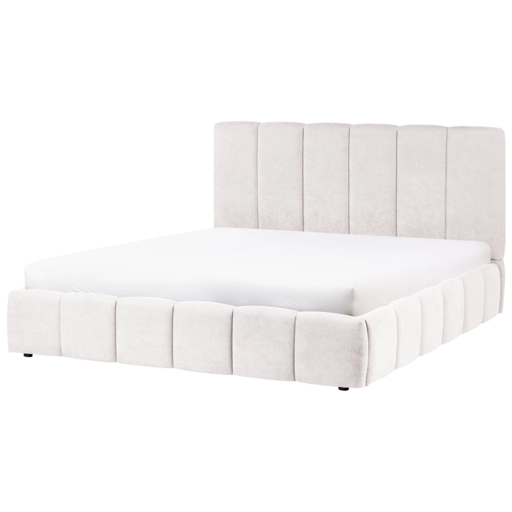 Letto matrimoniale contenitore con trapuntatura verticale in tessuto bianco sporco 180x200 cm struttura sollevabile e testiera alta