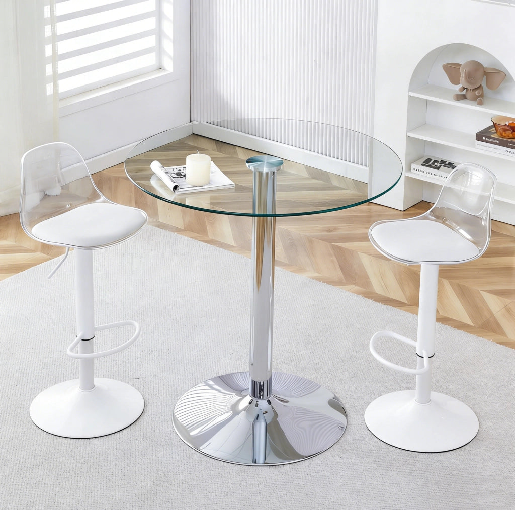 Set tavolo bar 89 cm in vetro trasparente e metallo, 2 sgabelli, per 2