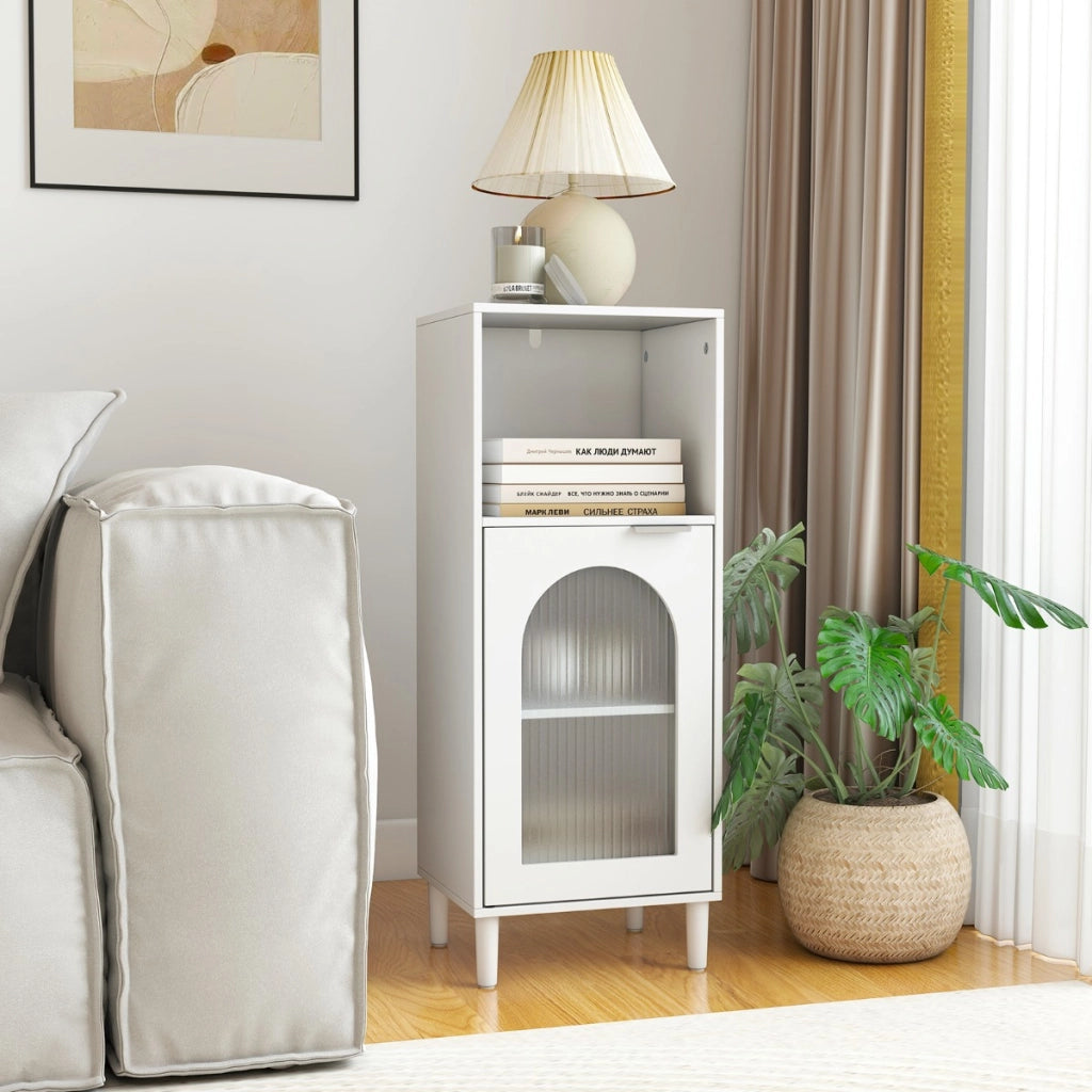 Armadietto da bagno con anta in vetro temperato, Mobile laterale in legno con ripiano regolabile e kit anti-ribaltamento Bianco-Armadi da parete