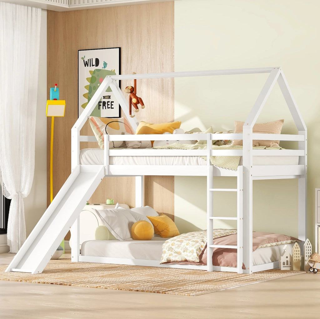 Letto a castello a casetta 90x200 cm con scivolo bianco