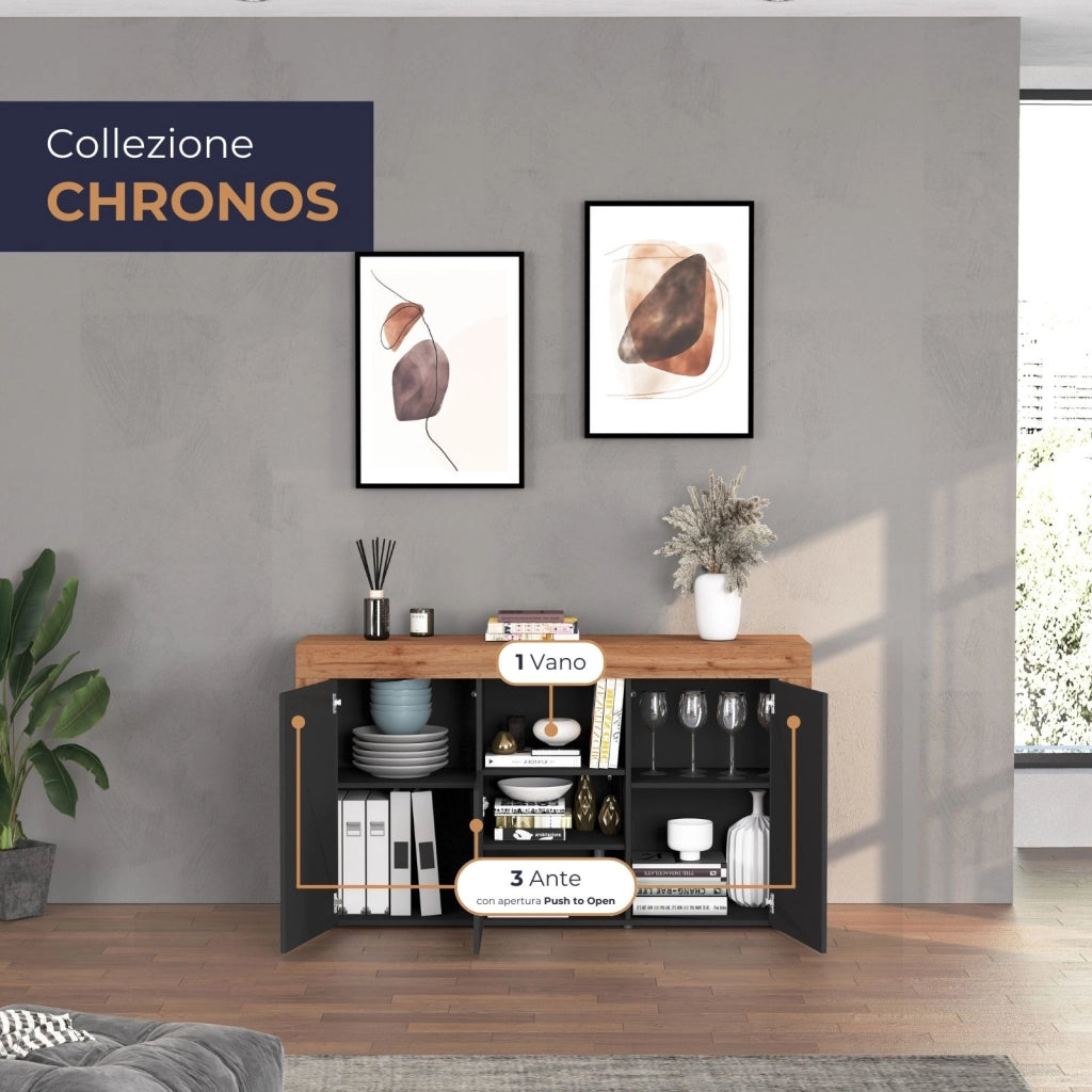 WHOUS Credenza Chronos 3 ante e 1 vano antracite opaco e rovere 155x40x85 cm
