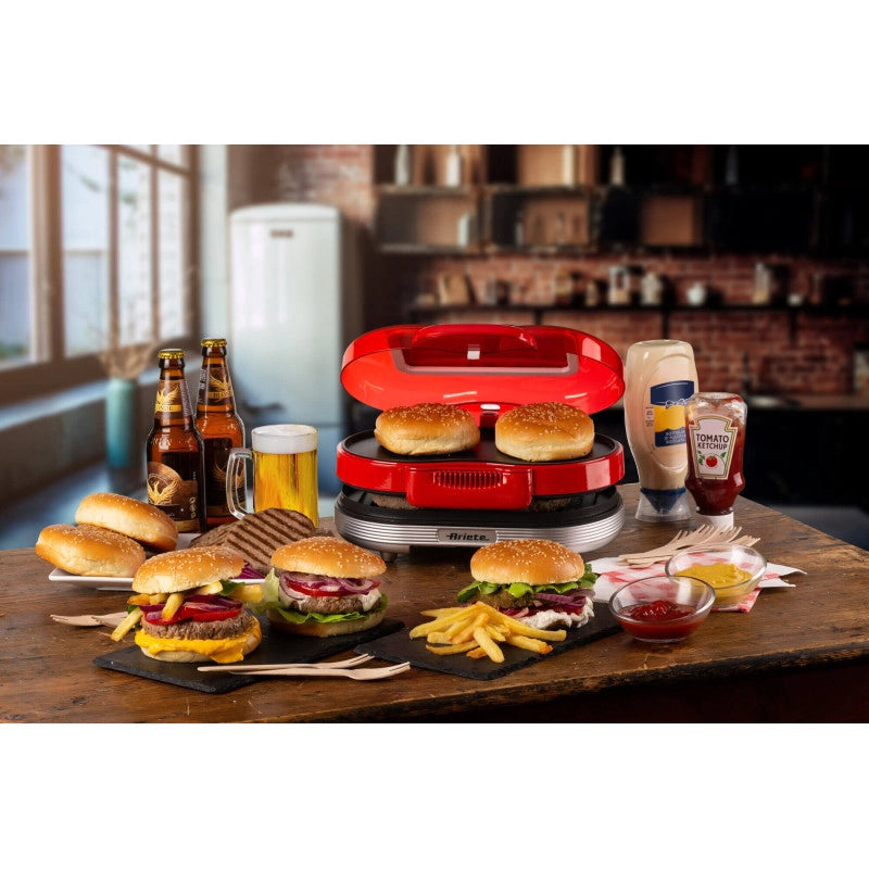 Macchina per fare hamburger 1200W, doppie piastre antiaderenti, 2 scomparti - Rosso
