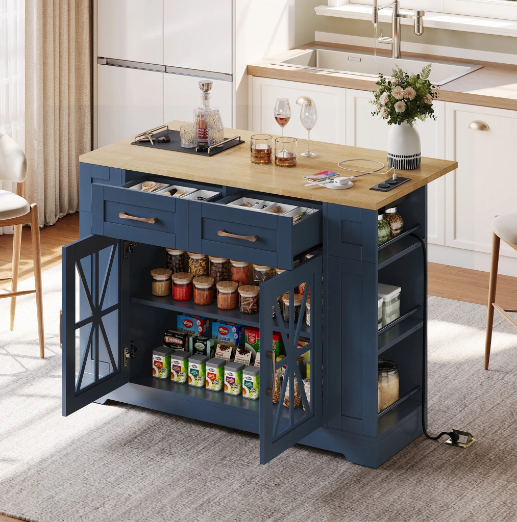 Carrello isola cucina 120x40(65)x92 cm con piano pieghevole e prese integrate in MDF blu e neutro